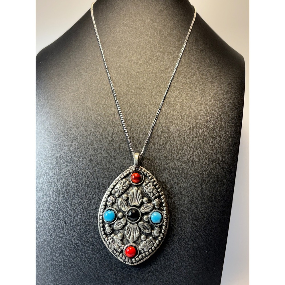Pendant Necklace Silver Tone Boho Statement Southwestern Cabochon Stone